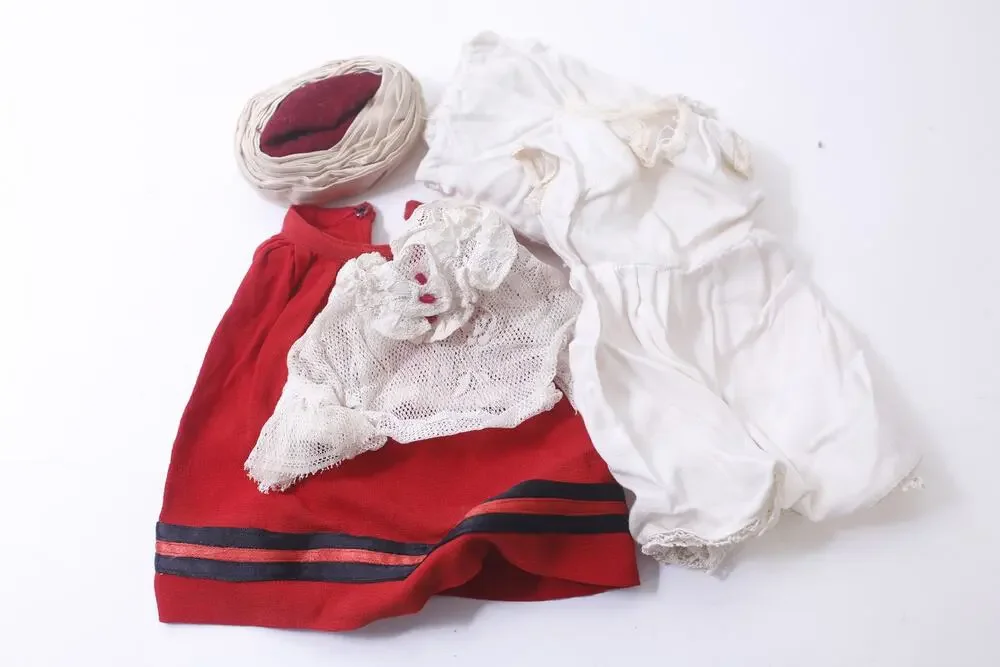 1960s 40s Estate Doll Clothing, Red and White, Small, Vintage, Doll Accessory